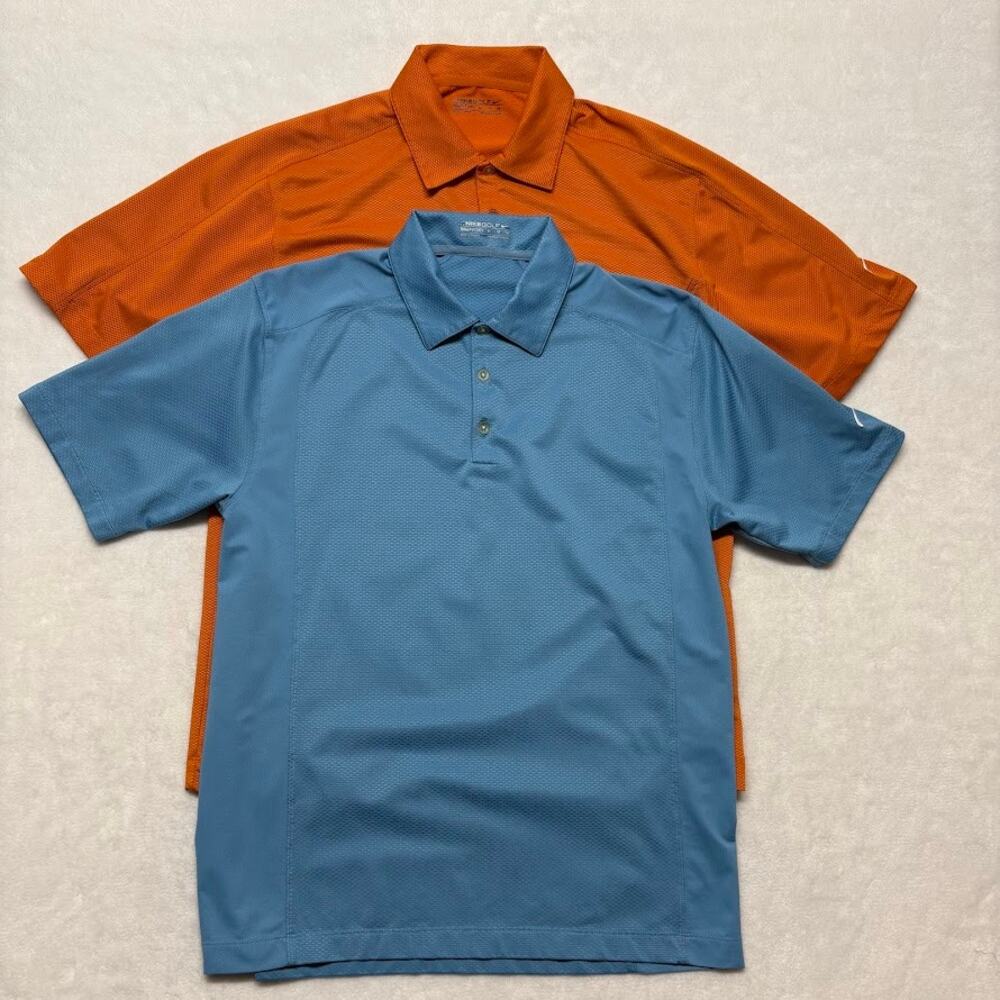 Nike Golf Dri-Fit Performance Polo (2) Size M Embroidered Swoosh Orange Blue